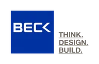 Blue square with white BECK text alongside gray Think. Design. Build. tagline