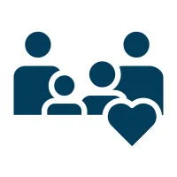 Blue icon of a family with two adults, two children, and a heart symbol representing love and care.