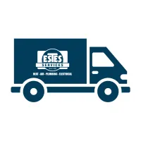 Blue delivery truck illustration with Estes Services logo offering heat, air, plumbing, and electrical services.