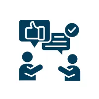 Two people exchanging messages with icons for approval and a thumbs up indicating positive communication.
