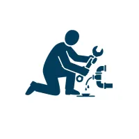 Icon of a person kneeling and fixing a leaking pipe with a wrench and adjustable spanner.
