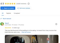 Google review section showing a 4.9 star rating from 4,682 reviews and a customer testimonial with related images.