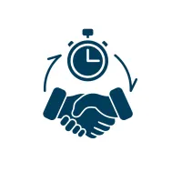 Handshake with a stopwatch and circular arrows symbolizing timely agreements and efficient collaboration.