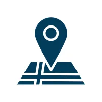 Blue map icon with a location pin marker on a simplified grid layout on white background