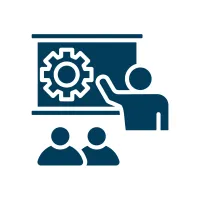 Icon showing a person giving a technical presentation with a gear symbol on the screen to two audience members.