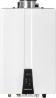 Modern white tankless water heater with digital control panel and metallic vent on top