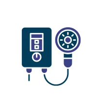 Digital blood pressure monitor with cuff and control unit in blue and purple on white background