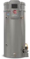 Gray Rheem Professional Classic Plus Series water heater with digital display and brass fittings