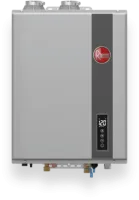 Rheem tankless water heater with digital temperature display set to 120 degrees and control buttons