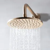 Modern round brass showerhead mounted on wall with water flowing down in a fine stream.