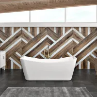 Modern bathroom with freestanding white tub, geometric wood accent wall, large windows, and natural decor.