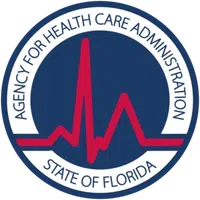 Logo of Florida Agency for Health Care Administration with red heartbeat line on blue and white background