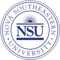 Blue circular emblem of Nova Southeastern University with NSU initials and rising sun graphic.