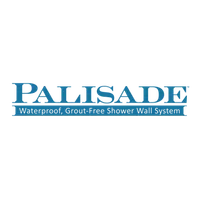 Palisade logo with tagline Waterproof, Grout Free Shower Wall System in blue text on black background