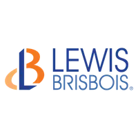 Lewis Brisbois logo with stylized LB symbol in blue and orange beside company name in blue text