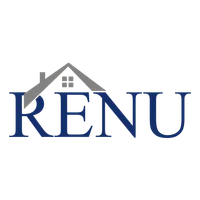 Renu logo with a stylized house roof and window over the company name in blue and gray colors