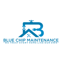 Blue Chip Maintenance logo featuring a faucet drip, electrical plug, house roof, and tools with tagline about home care.