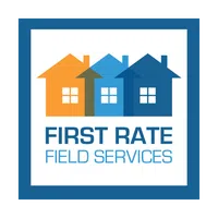 Logo with three colorful houses and text First Rate Field Services inside a blue square frame