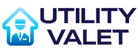 Utility Valet logo with a blue gradient icon of a valet inside a house shape and bold navy text