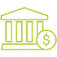 Green line icon of a bank building with dollar coin representing finance and banking services.