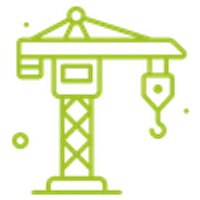 Green line icon of a construction tower crane with a hook lifting materials on a transparent background