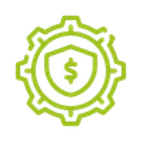 Green gear icon with a shield containing a dollar sign in the center symbolizing financial protection and cost management.