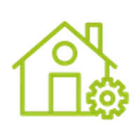 Green outlined house icon with a gear symbol representing home automation or smart home technology