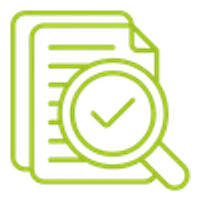 Green outline icon of documents with magnifying glass and check mark symbolizing verified files or approval.