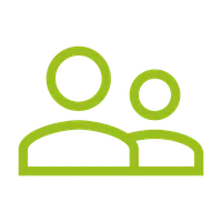 Green minimalist icon representing two user profiles or people figures on transparent background