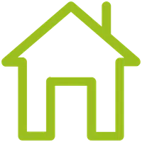Simple green house icon with chimney and open doorway on transparent background