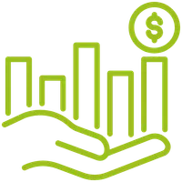 Green line art of a hand holding bar graph with a dollar sign coin representing financial growth.