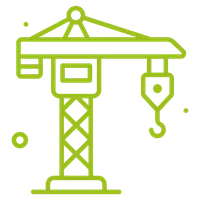 Green line art illustration of a construction crane with a hook and lattice tower on a transparent background