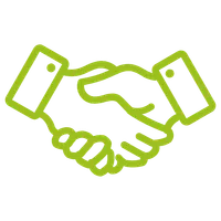 Green line icon of two hands shaking, symbolizing agreement or partnership on transparent background.