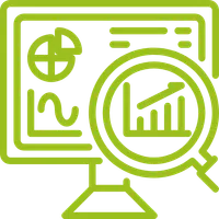 Green line icon of a computer monitor displaying charts with a magnifying glass highlighting a rising bar graph