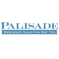 Palisade logo with tagline waterproof, grout-free wall tiles in blue text