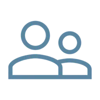 Simple blue icon of two user profiles symbolizing group or community support