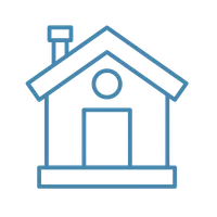 Simple blue outline icon of a house with a roof, chimney, round window, and rectangular door on transparent background
