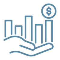 Hand holding bar graph with rising columns and a dollar symbol coin representing financial growth