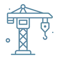 Blue outline icon of a construction crane with a hook and lattice tower base on transparent background