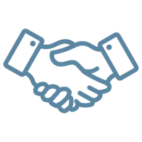 Blue line art icon of a handshake symbolizing agreement or partnership with cuffed sleeves