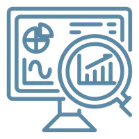 Line art showing computer screen with charts and magnifying glass focusing on upward graph trend