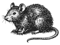 Black and white detailed illustration of a small mouse facing left with a long tail and whiskers.