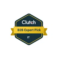 Clutch B2B Expert Pick badge with gold ribbon and IT category on dark hexagonal background
