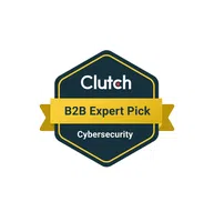 Clutch B2B Expert Pick badge for cybersecurity with a dark hexagonal background and yellow ribbon.
