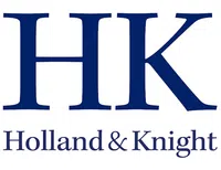 Holland & Knight logo with large blue initials HK and full name below in blue serif font.