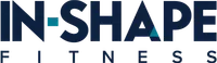 IN-SHAPE Fitness logo with bold navy blue and teal geometric accents on a white background.