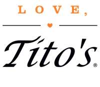 Logo of Tito's Handmade Vodka featuring the phrase LOVE with an orange heart above the brand name.