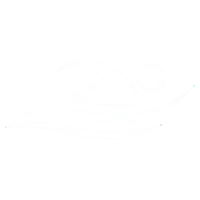 White swimming icon with stylized swimmer and water waves on a black background.