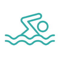 Simple teal line icon of a person swimming with wavy water lines below on transparent background
