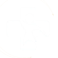 White medical cross with a stylized person figure in the center on a black background with gold curved lines.